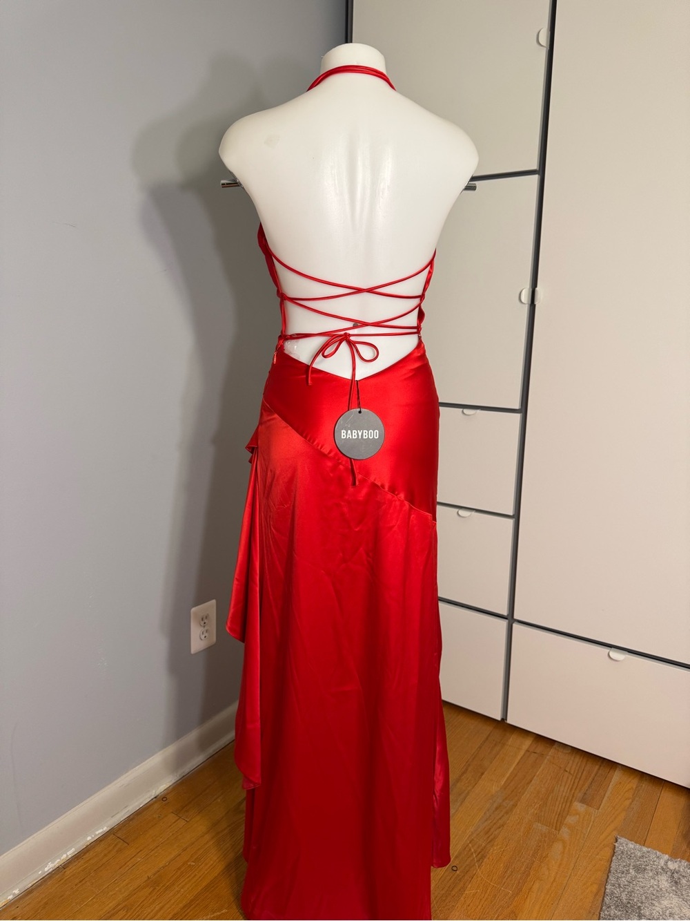 Satin Red Halter High-Low Ruffle Dress - Picture 5 of 5